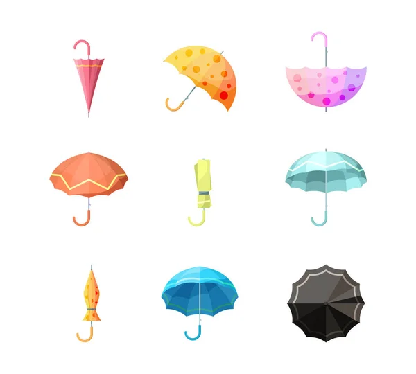 Umbrellas图标 项目保护免受秋雨的不同观点的伞形病媒收集 防护伞 带手柄图解的雨伞 — 图库矢量图片