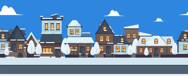Зимовий Вуличний Прапор Милі Сніжні Будинки Безшовні Приклад Векторних Будівель — стоковий вектор