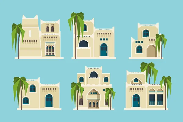 Anciennes Maisons Arabes Vieux Bâtiments Traditionnels Briques Musulmanes Désert Objets — Image vectorielle