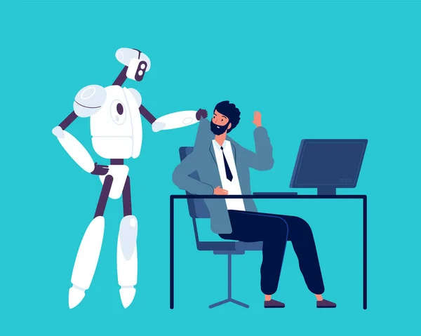 Androidと人間 ロボットは オフィスワークスペースからビジネス担当者を追い払います人工知能将来のジョブベクトルコンセプト イノベーションヒューマノイドとビジネスマン 人のイラストを置き換えます — ストックベクタ