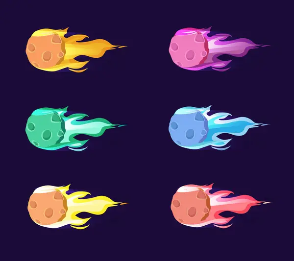 Llama Asteroides Objetos Espaciales Colores Conjunto Colección Dibujos Animados Meteoro — Vector de stock