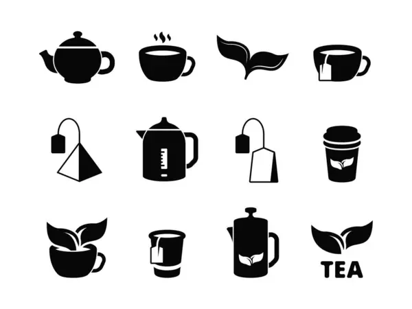 红茶图标 煮香草热饮料结冰 留下矢量象形文字集 杯子里的热饮料 早餐茶 绿色和黑色插图 — 图库矢量图片