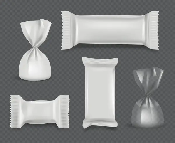 Paquet Bonbons Emballages Papier Réalistes Pack Brillant Pour Ensemble Maquettes — Image vectorielle
