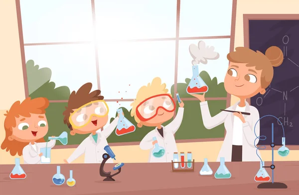 Chemieunterricht Kleine Wissenschaft Kinder Jungen Und Mädchen Machen Forschungstests Der — Stockvektor
