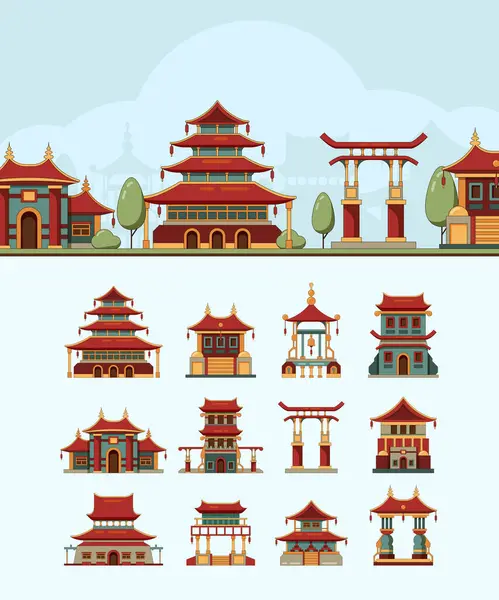 Çin Evleri Geleneksel Doğu Binaları Güzel Çatı Japan Mimari Nesneleri — Stok Vektör