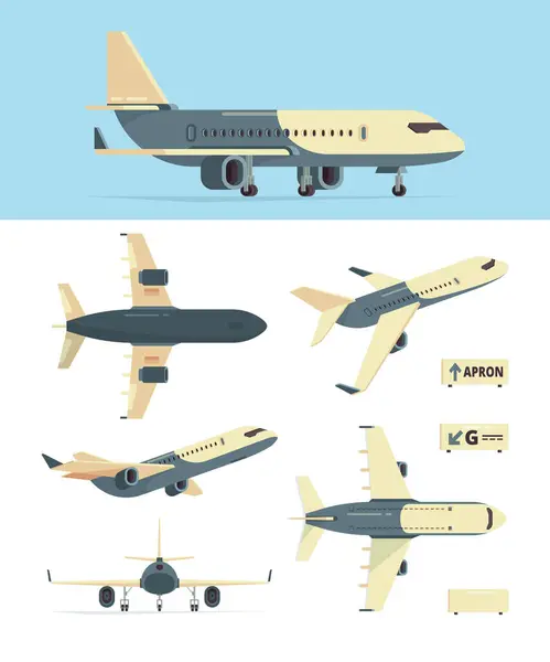 Civil Aviation Plane Model Different Airplanes Views Aircraft Vector Collection — Stock Vector