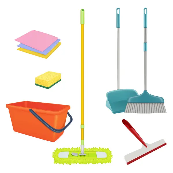 Reinigungsservice Realistische Ausrüstung Für Die Wäsche Hause Bodenbürste Eimer Besen — Stockvektor