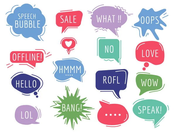 Communication Tags Cartoon Speech Bubbles Humor Phrase Text Sound Handdrawn — Stock Vector