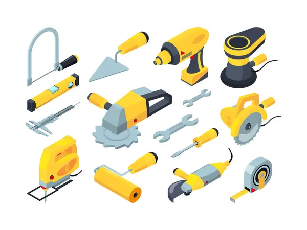 Constructions Tools Drill Hammer Paintbrush Measuring Builders Equipment Vector Isometric — Stock Vector
