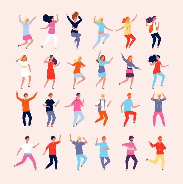 Bailando Gente Personajes Felices Bailarines Masculinos Femeninos Vector Imágenes Planas — Archivo Imágenes Vectoriales