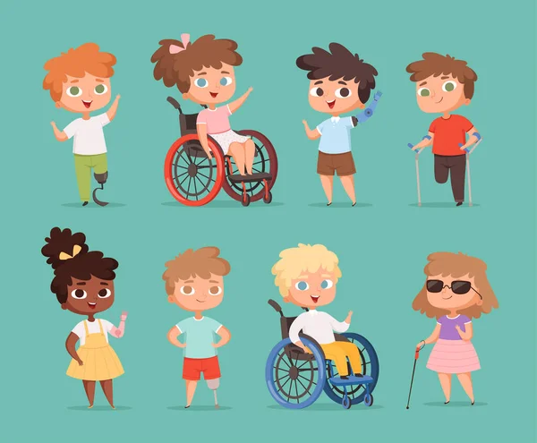 Engelli Çocuklar Çocuklar Okul Vektör Çizimlerinde Tekerlekli Sandalyede Oturan Engelli — Stok Vektör