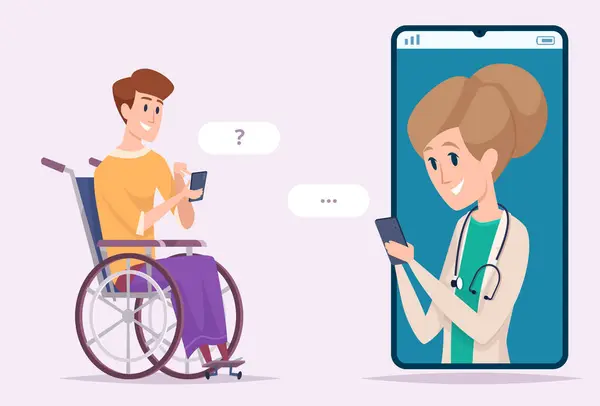 Uomo Disabile Con Medico Chat Online Medico Consulenza Web Messaggio — Vettoriale Stock