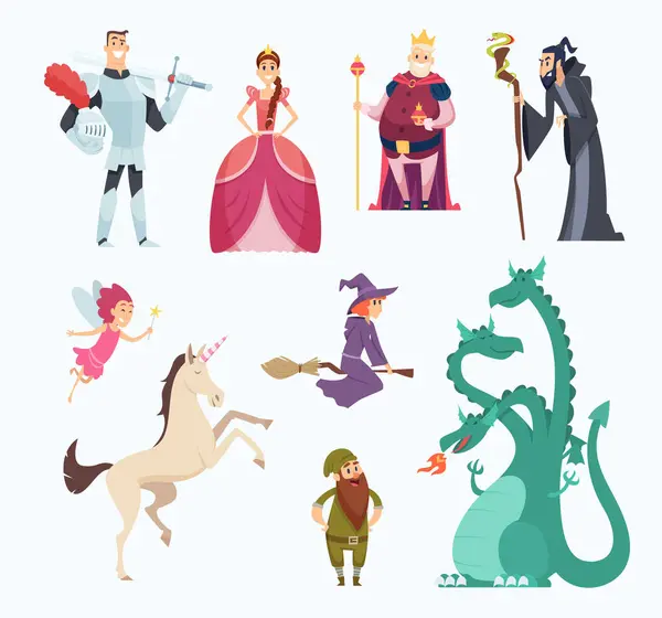 童话英雄 魔法师公主龙滑稽人物在卡通风格矢量集 幻想卡通人物 龙和魔法师插图 幻想公主 中世纪魔法骑士 — 图库矢量图片
