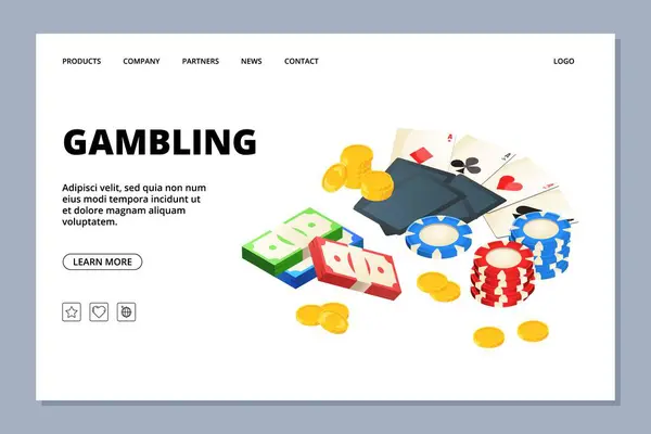 Glücksspiel Webseite Isometrische Brettspiele Banner Vorlage Vektorgeld Münzen Karten Casino — Stockvektor