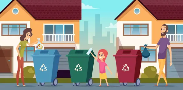 Müllrecycling Mülltrennung Menschen Schützen Natur Container Für Müll Vektor Karikatur — Stockvektor