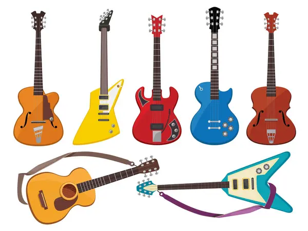 Gitary Dźwięk Muzyki Gra Instrumenty Klasyczne Akustyczne Rockowe Gitary Wektor — Wektor stockowy