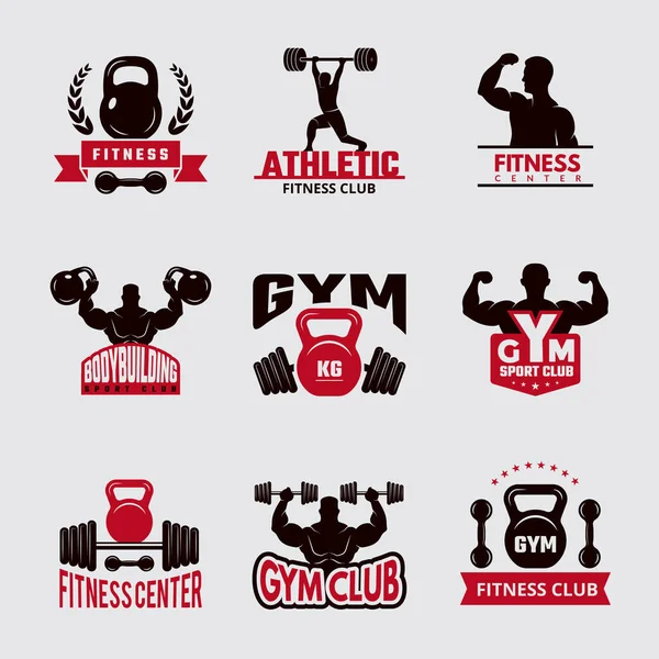 Gym fit badges. Sport fitness healthcare logo athletic club emblems vector collection. Emblem badge gym, weight and bodybuilding label illustration