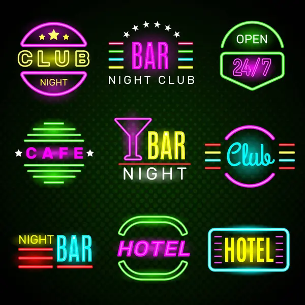 Hotel Neon Publicidade Americana Retro Clube Noturno Emblema Sinalização Brilho — Vetor de Stock