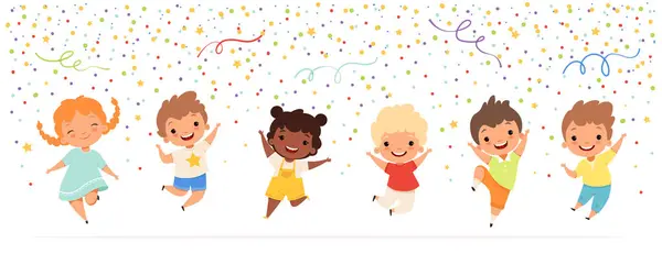 Kids Anniversary Happy Childrens Jumping Confetti Stars Celebration Fun Party — Stock Vector