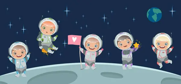儿童宇航员在月球上 空间背景说明 卡通人物儿童穿宇航服 太空旅行矢量图解 宇航员 太空人 太空月球探险家 — 图库矢量图片