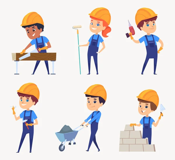 Des Constructeurs Enfants Travail Des Enfants Dans Casque Petits Constructeurs — Image vectorielle