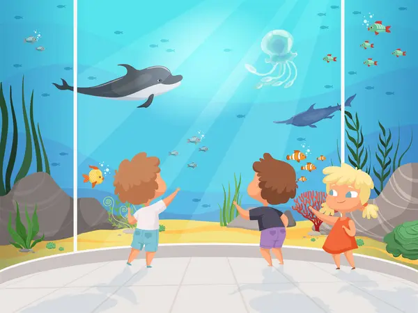 Akvaryumdaki Çocuklar Altındaki Büyük Müzesinde Öğretmenleri Olan Çocuklar Okyanus Hayvanlarını — Stok Vektör