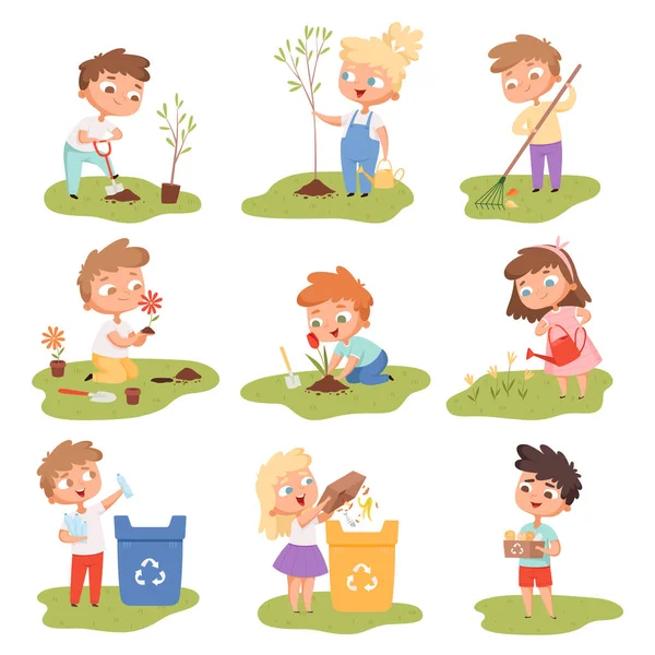 Παιδιά Φυτεύουν Ευτυχισμένα Παιδιά Κηπουρική Σκάψιμο Φυτά Συλλογή Οικολογικός Καιρός — Διανυσματικό Αρχείο