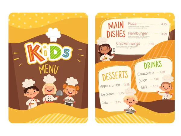 Kindermenu Kinderen Koken Voedsel Kleine Chef Kok Restaurant Eten Menu — Stockvector