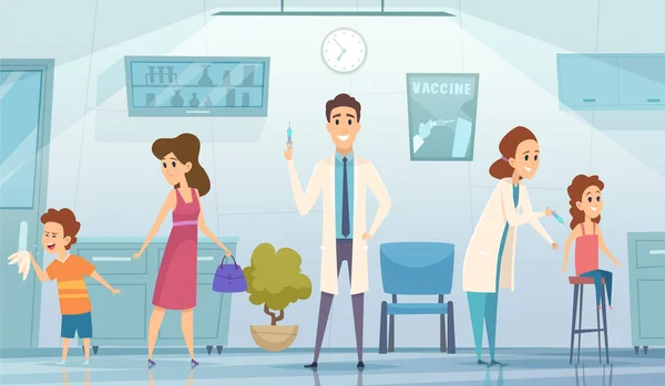 Vaccinazione Dei Bambini Medico Clinica Farmaco Bambini Cartone Animato Vettore — Vettoriale Stock