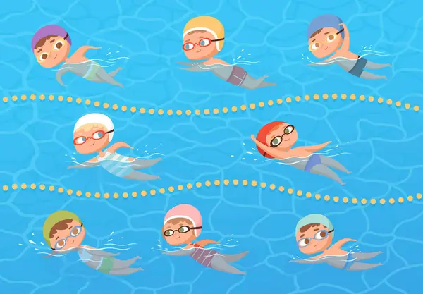 Havuzundaki Çocuklar Çocuklar Yüzme Dersi Vektör Karikatür Klibiyle Spor Yapıyor — Stok Vektör