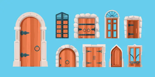 中世の扉古代の木造と鋼のドアのフラットスタイルで古い建物の壁の神秘的なポータルベクトルゲート 中世の木製のドア 城のイラストのための古代の門 — ストックベクタ