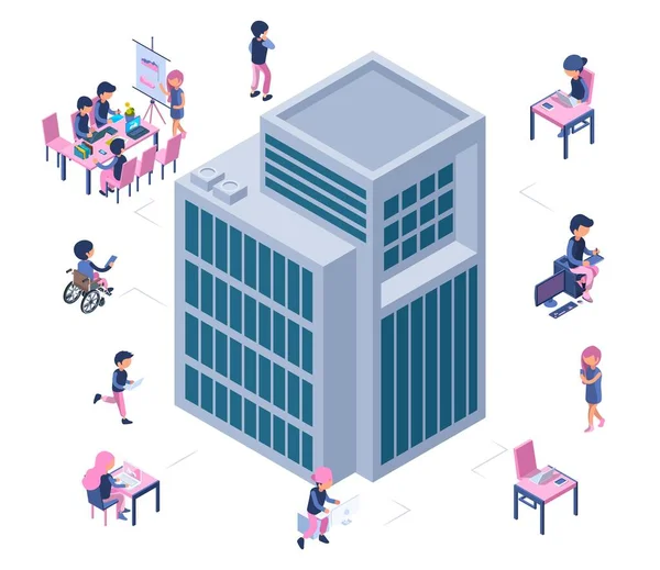 Modern business office. Isometric building and business people. Vector young men and women work, start up team. Office isometric building, business people work illustration