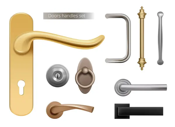 Сучасні Дверні Ручки Срібні Золоті Металеві Меблеві Ручки Відкритих Дверей — стоковий вектор