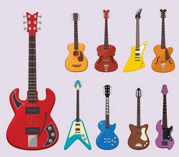 Müzik Gitarı Canlı Konser Enstrümanları Çeşitli Klasik Nesneleri Vektör Illüstrasyonlarını — Stok Vektör