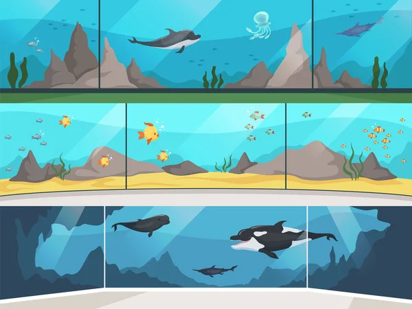 Akwarium Muzeum Podwodne Zoo Dzieci Rodzicami Oglądającymi Duże Ryby Wektor — Wektor stockowy
