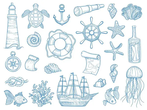 Nautical Collection Sailing Boats Hand Drawn Marine Set Fishes Vessel — Stock Vector