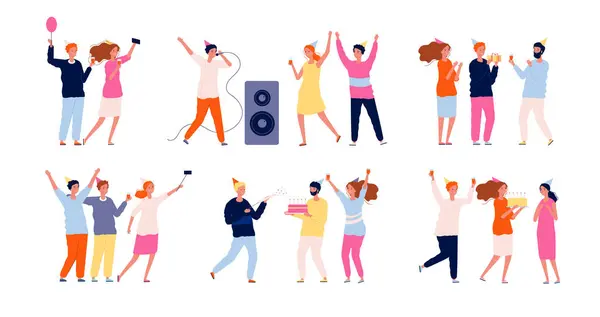 Party People Friends Birthday Celebrating Dancing Playing Eating Have Fun — Stock Vector