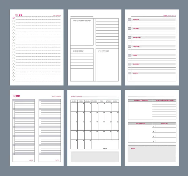 Planner Pages Notebook Agenda Diary Vertical Pages Template Goals Organizer — Stock Vector