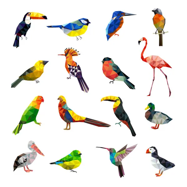Wielokątne Ptaki Geometryczne Stylizowane Zwierzęta Zestaw Latające Kolorowe Ptaki Niski — Wektor stockowy