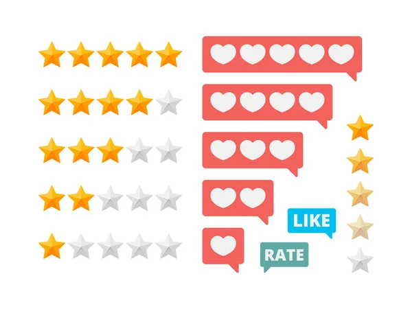 Rating Stars Social Assessment Scores Likes Hearts Vector Symbols Illustration — स्टॉक वेक्टर