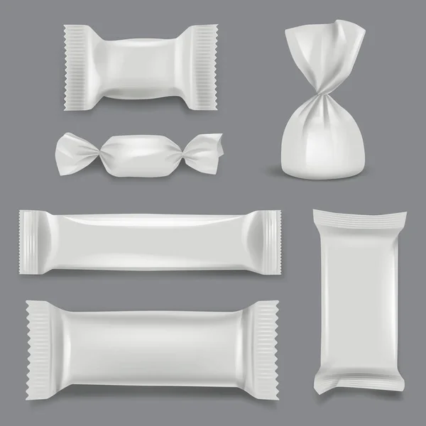 Realistisch Snoeppakje Wrappers Papieren Verpakking Supermarkt Geschenk Plastic Mockup Template — Stockvector