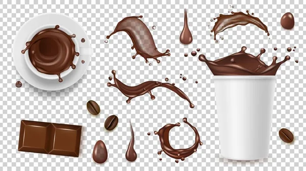 Realistisches Kaffeeset Drink Spritzer Kaffeebohnen Und Tasse Zum Mitnehmen Schokolade — Stockvektor