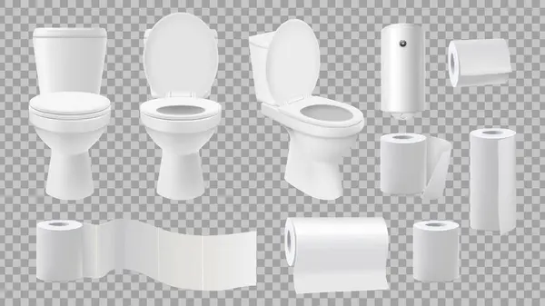 Realistická Záchodová Mísa Příslušenství Toalet Izolované Průhledném Pozadí Papírové Role — Stockový vektor