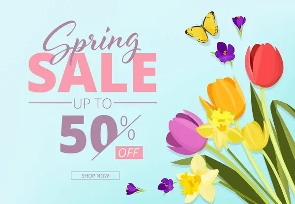 春の販売 抽象的な幾何学的形状と花ベクトルストアクーポンで背景バナーを広告 春のポスター割引 プロモーション広告イラスト — ストックベクタ