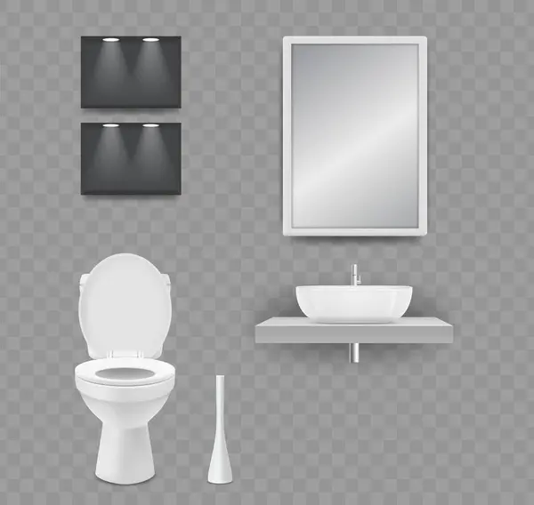 Raum Realistische Toilette Waschbecken Und Spiegel Isoliert Auf Transparentem Hintergrund — Stockvektor