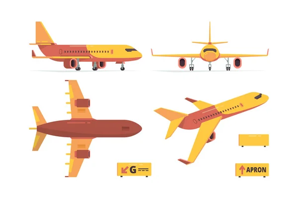 Aircraft Flat Civil Aviation Planes Different Views Fly Symbols Vector — Stock Vector