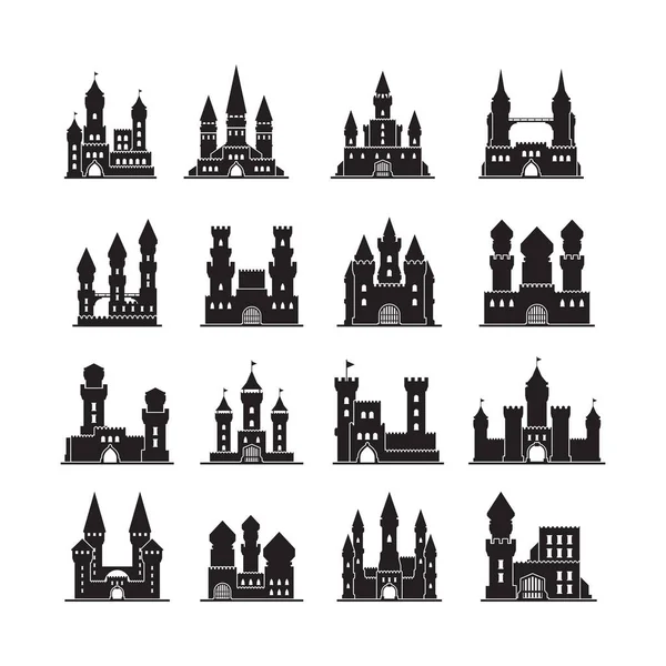 Des Silhouettes Château Forteresse Médiévale Anciennes Tours Vecteur Immeubles Plats — Image vectorielle