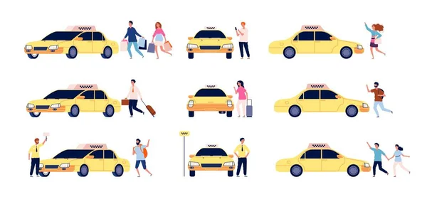 Karakterler Taksi Araç Yolcuları Taksi Şoförü Araç Vektör Taksi Servisinin — Stok Vektör