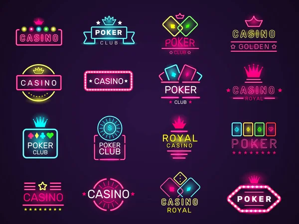 Emblemas Néon Casino Poker Clube Jogo Logotipo Colorido Iluminação Vegas — Vetor de Stock