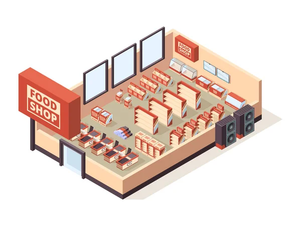 Interiér Obchodu Potravinami Supermarket Vnitřní Nábytek Pokladní Stoly Police Produkty — Stockový vektor